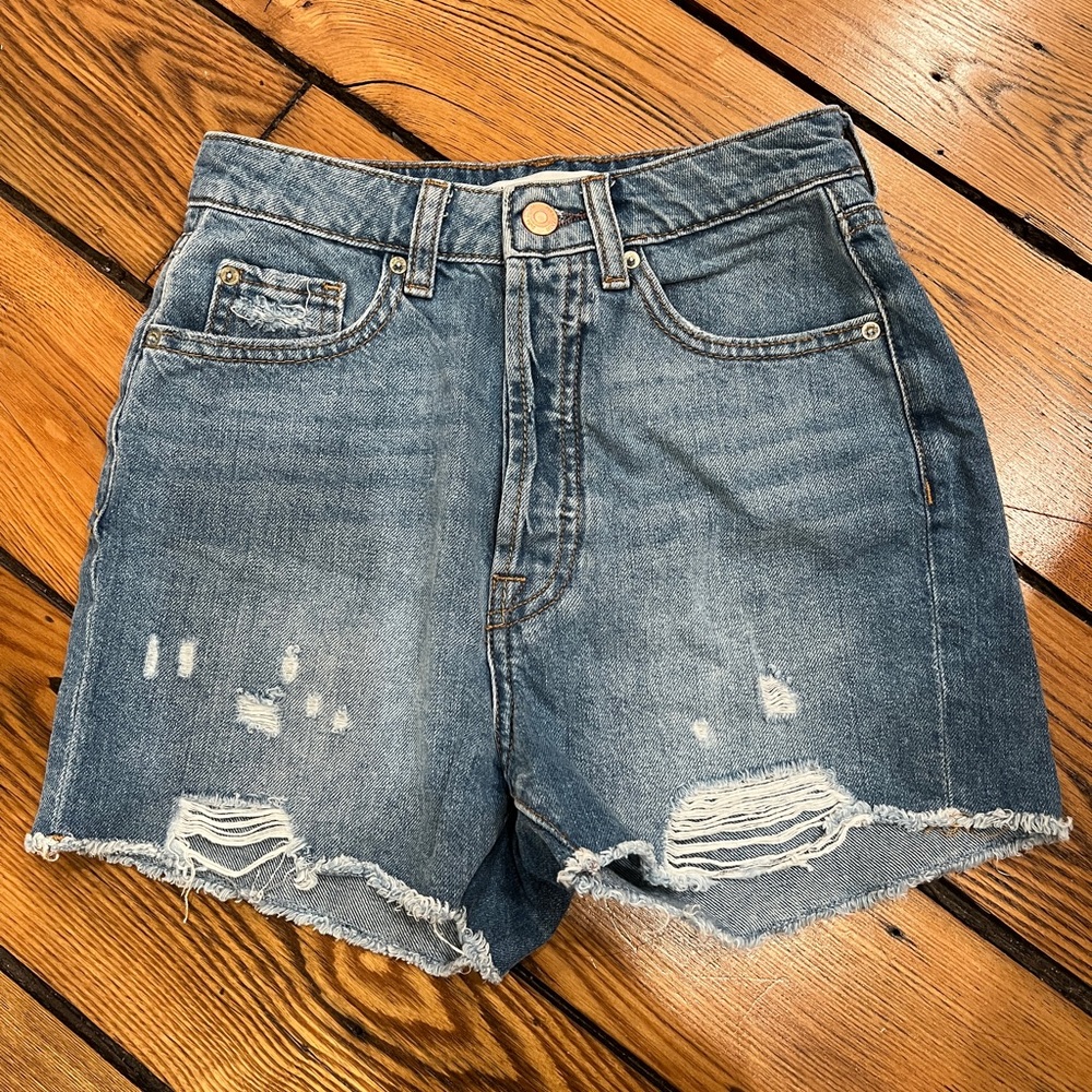 Zara Light Blue Distressed High-Waist Jean Shorts